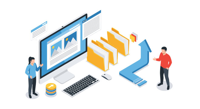 Digital asset management team presents organized file folders and images on a large professional computer monitor.