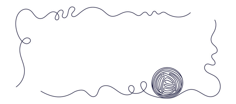 Wavy yarn lines and thread border create abstract doodle art. Hand drawn wool curves form vintage knitting corners with tangled string element in isolated vector design. Vector frame. Editable stroke