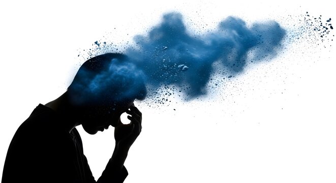Silhouette of person with blue cloud of dispersing particles representing