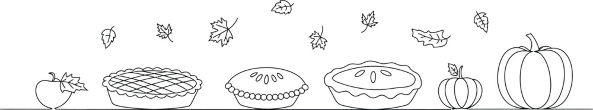 Autumnthemed illustration of apples pumpkins and pies with falling leaves
