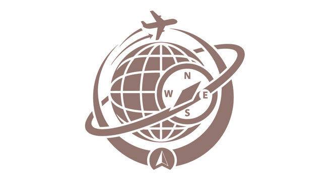 Travel and Navigation Logo Depicting Globe, Compass, and Airplane.