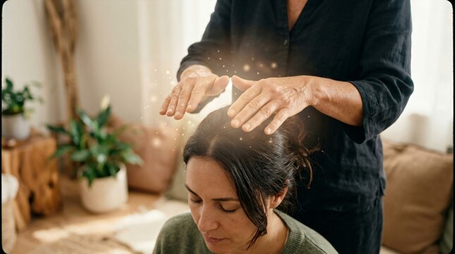 Healer performing energy therapy on woman. Hands of man over head of girl with glowing aura light. Holistic medicine, spiritual healing, reiki session, stress relief and mind recovery.