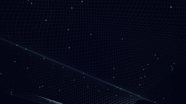 Overlapping 3D topographic grids ripple under a sweeping volumetric scanning field. Represents structural data analysis and RF frequency processing. Perfect for 5G and telecom brand films.