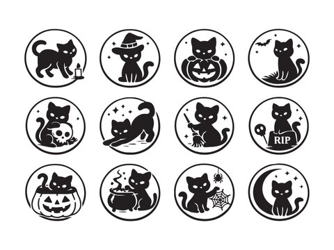 Minimal Black Cat Halloween Icon Set in Circle Frame, Clean Silhouette Collection