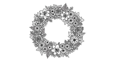 Elegant black and white botanical illustration of a detailed floral wreath, perfect for adding a sophisticated decorative element to invitations, greeting cards, or other design projects