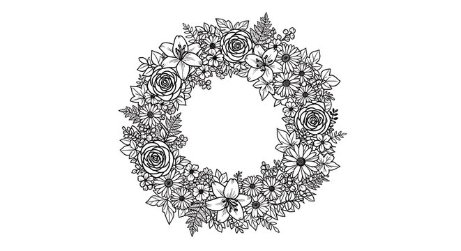 Elegant black and white botanical illustration of a detailed floral wreath, perfect for adding a sophisticated decorative element to invitations, greeting cards, or other design projects