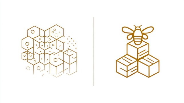 Minimalist golden illustrations of honeycomb and a bee, clean, line-art on a white background