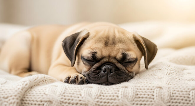 Cute Pug Puppy Sleeping Peacefully on a Soft Knitted Blanket