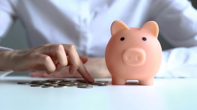 Counting coins next to a piggy bank on a table in a simple setting during daytime.