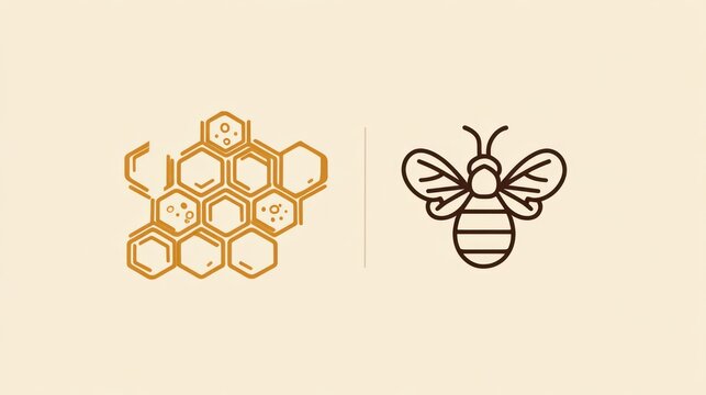 Honeycomb pattern with a bee on soft beige background; simple outline graphic design