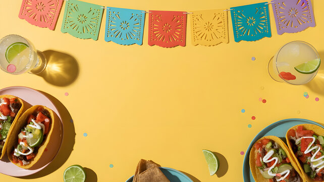 Cinco de Mayo festive flat lay, colorful paper banners, tacos, margaritas, confetti, bright sunlight, top view composition, clean space for text, vibrant colors, ultra realistic, high detail