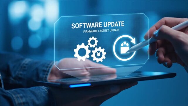 Futuristic software update and firmware installation process on a digital tablet with holographic icons and gear symbols.