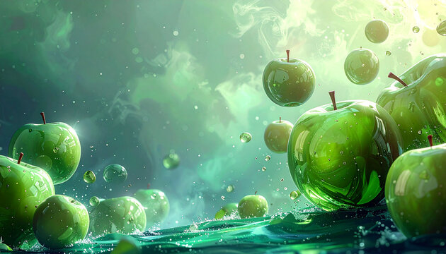 緑のガラスのリンゴと光の抽象背景：クリーン・デジタルアート シリーズ/Clean Digital Art Series