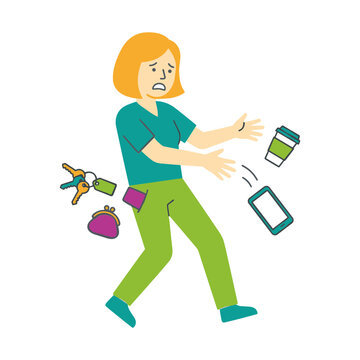 Woman frantically avoids falling objects including phone and container