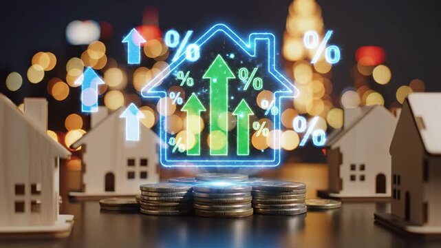 Illustrative graphic depicting rising real estate prices and interest rates with a house icon and upward trending arrows.