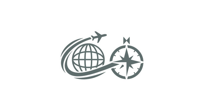 Travel and Tourism Logo Featuring Airplane, Globe, and Compass.