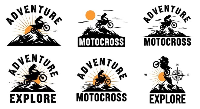 Motocross adventure logos with mountains and sunset elements vector designs