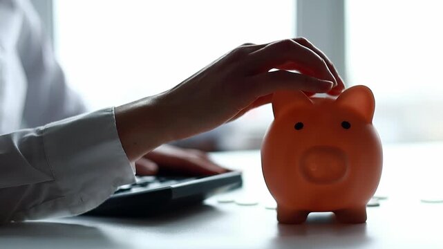 Saving money with a piggy bank while using a calculator at a desk during the day.