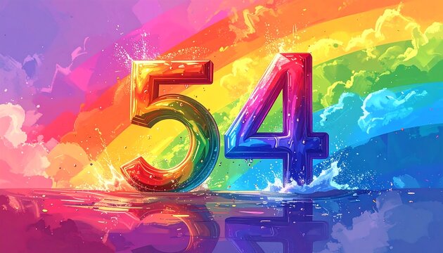 A vibrant numerical illustration showcases the number 54, rendered in rainbow hues and reflected in water, under a colorful rainbow backdrop