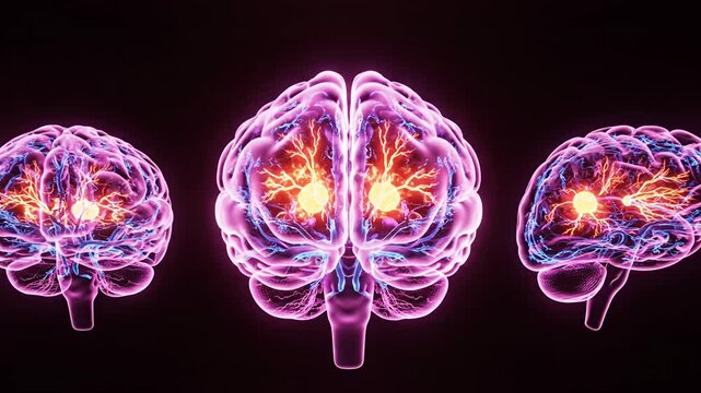 Multiple glowing human brains displaying neural activity on black background