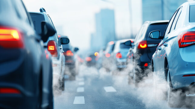 Cars idling in traffic jam on city street, engines emitting exhaust fumes polluting cold urban air