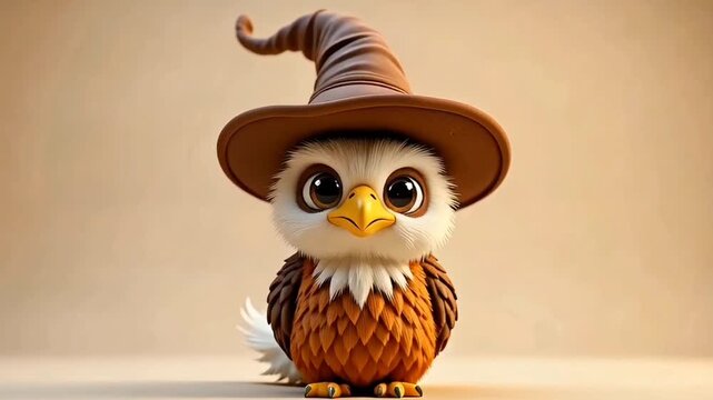 A charming 3D stylized baby eagle with large expressive eyes and fluffy feathers, wearing a brown pointed wizard hat, rendered in high-quality animation style.