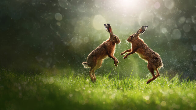 Hares boxing, fighting in green meadow with dynamic motion, showing wildlife interaction in nature light