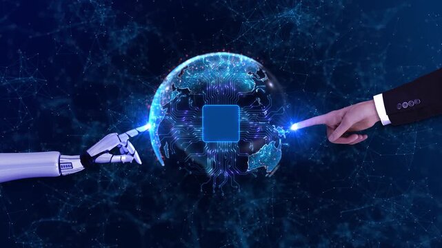 Artificial Intelligence Concept Robotic Hand Business Hand Connecting AI illustration with robotic finger businessman hand meeting earth interface human machine collaboration global technology network