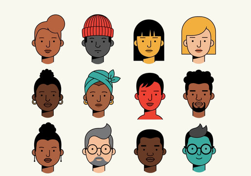 Diverse Avatar Collection of Minimalist Flat Human Face Icons Representing Global Inclusion and Community Diversity