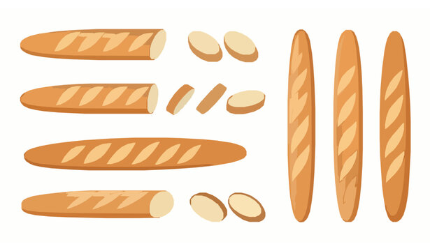 Baguette bread icon collection vector bakery loaf and slices isolated on white background