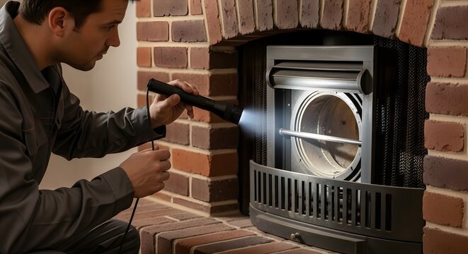 A man in a grey uniform inspects a gas fireplace with a flashlight, checking for any issues.