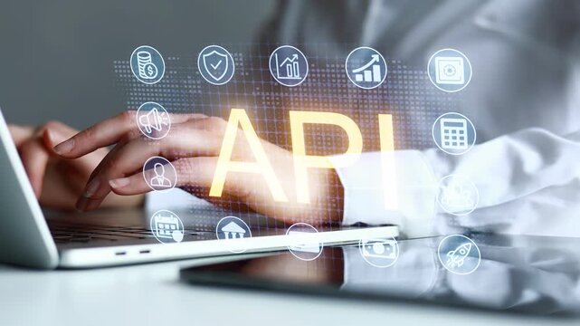 Working on a laptop with visible API icons during a tech discussion in a modern workspace.
