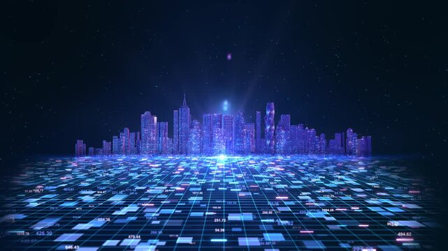Futuristic smart city skyline glowing digital buildings, cyber connections, streaming data. Ideal for AI, IoT, big data, cloud computing, blockchain, urban technology Big Data hologram Cyber city