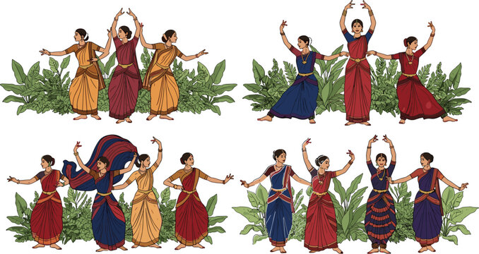 Traditional Dance Performance with Colorful Costumes, Cultural Dance Illustration for Festivals, Celebration, and Cultural Art Designs