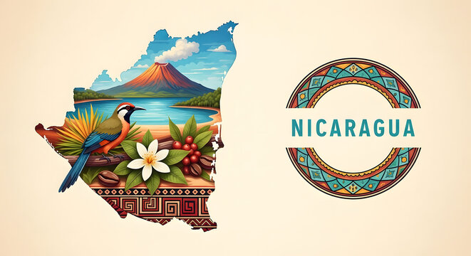 Nicaragua Map Illustration with Volcanoes Tropical Birds and Central American Nature Landmarks
