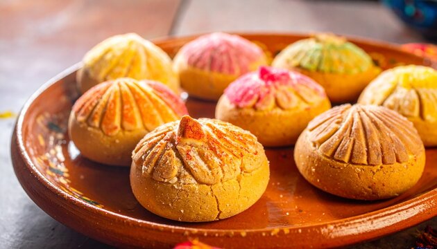 Vibrant assortment of delicious, freshly baked traditional sweet bread dessert on a rustic earthenware platter, showcasing colorful patterns and textures, ready to enjoy as a snack or treat for festiv