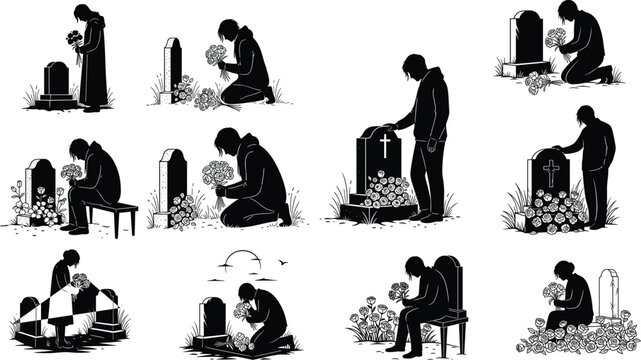 Mourning and Remembrance, Grieving Individuals with Flowers at Cemetery, Black and White Vector Illustration for Funeral, Memorial, and Sympathy Designs