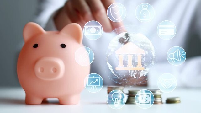 Person putting coin in piggy bank with digital icons representing finance and banking in background.