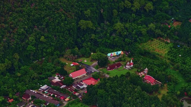 Aerial view cave Tham Phung Chang with greenery in Phang Nga, temple of Thailand.