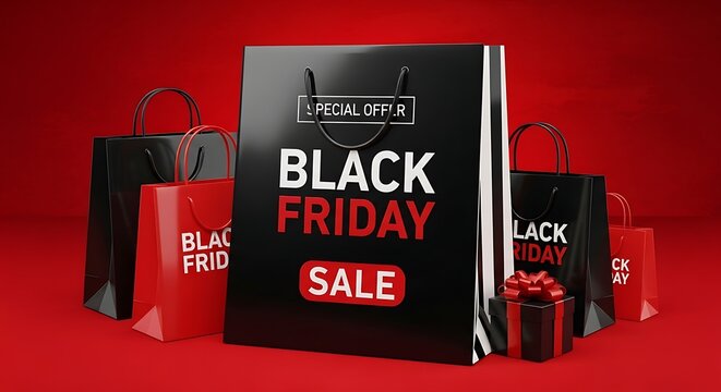 Black friday sale promotion with gift bags and red background