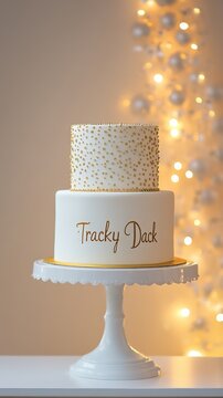 Tracky Dack Day. Elegant two-tier white cake with gold details and personalized text on cake stand