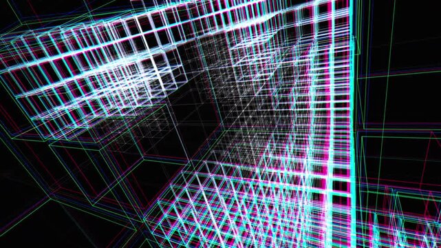 Macro-scale 3D wireframe boxes undergo recursive subdivision and RGB phase-shifting chromatic aberration. Visualizes complex data encryption. Great for fintech and blockchain pitch decks.