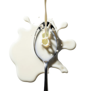 A reflective metal tablespoon with creamy white milk spilling in droplets and splashes on a transparent background with copy space. Concept for dairy product advertising