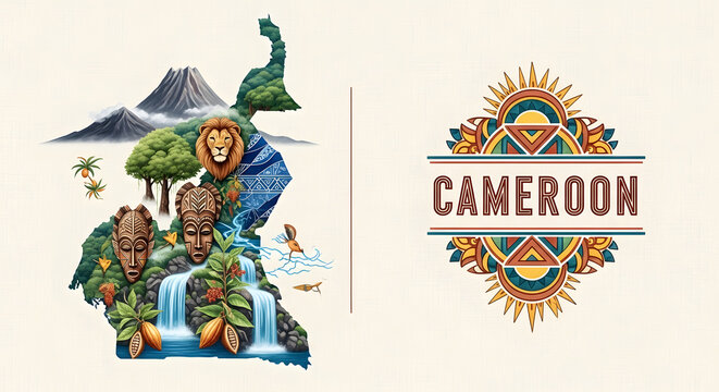 Cameroon Map Illustration with African Wildlife Tribal Masks and Cultural Heritage Typography