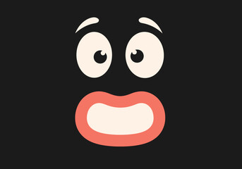Obraz premium Minimalist Cartoon Shocked Face with Big Eyes and Open Mouth on Black Background - Surprised Emoji Vector Illustration