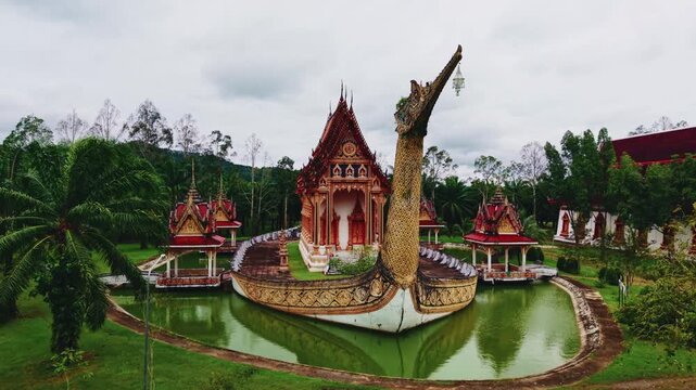 Aerial view Buddhism Wat Bang Riang Temple, Ranong Thailand.