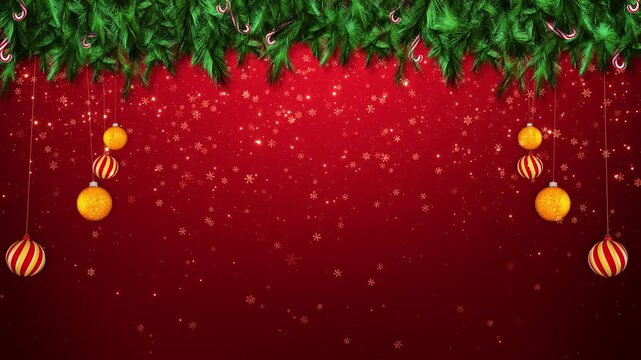 Festive Christmas Red Pine Branches Hanging Ornaments. holiday background. pine branches hanging lights falling snowflakes rich backdrop seasonal winter celebration decorative presentation scenes.