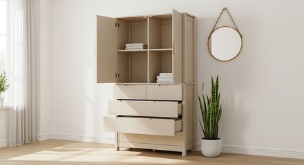 Fototapeta premium Neutral toned wooden cabinet with open doors and drawers near mirror and plant