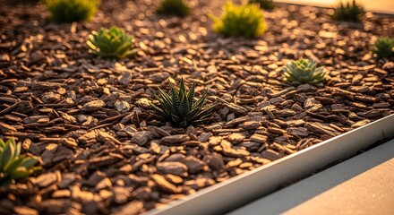 Fototapeta premium Golden Hour Succulents in Mulch Garden Bed with Warm Light – Drought-Tolerant Landscaping Detail