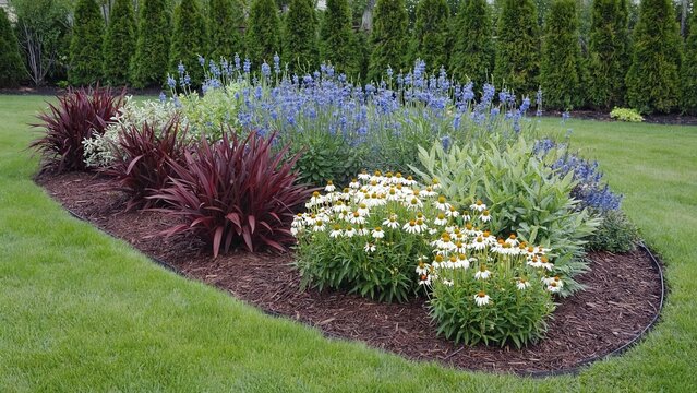 Ornamental garden bed with mixed flowering plants